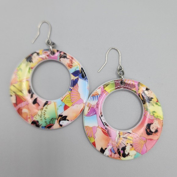 Vintage Japanese Geisha Earrings 2" Dangle Hoop Asian - Picture 4 of 9